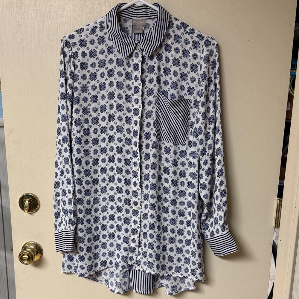 Chico's Blue and White Patterned Shirt